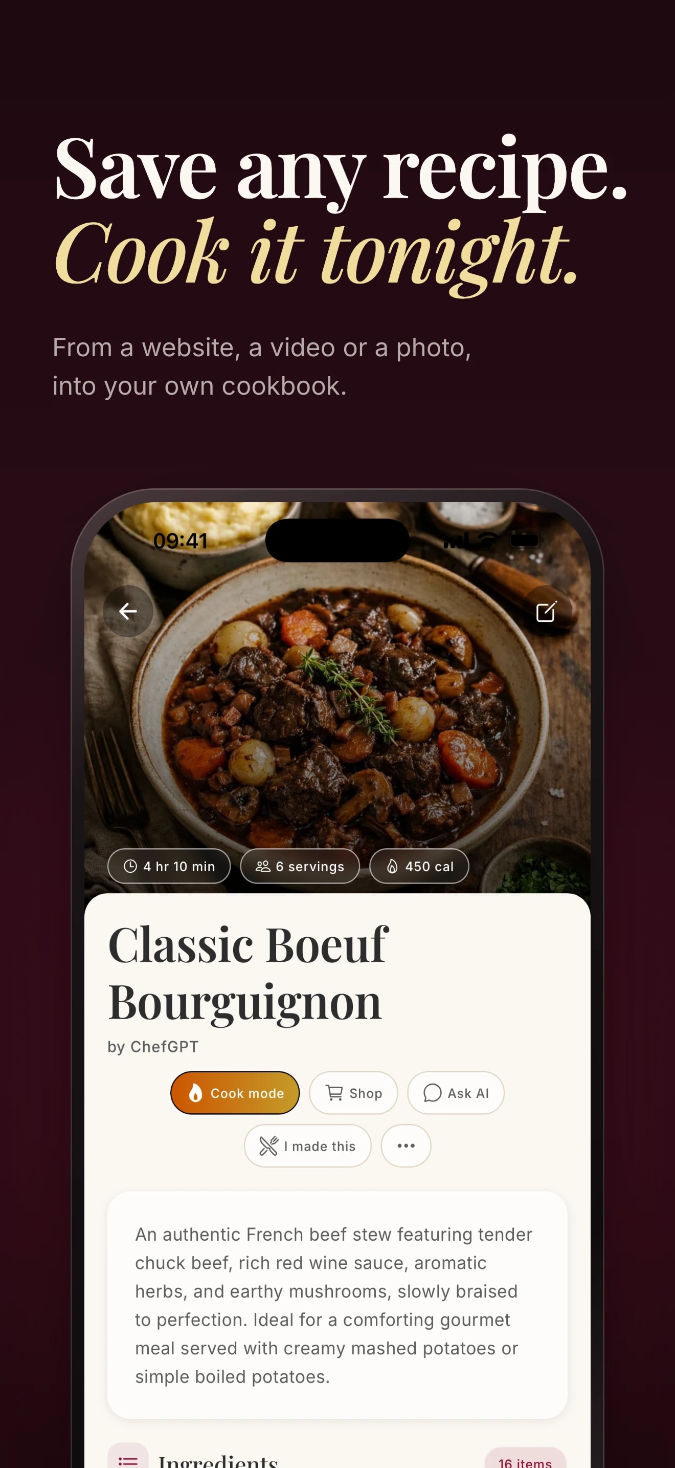 Foodie: Save any recipe. Cook it tonight. A beef bourguignon recipe on an iPhone.