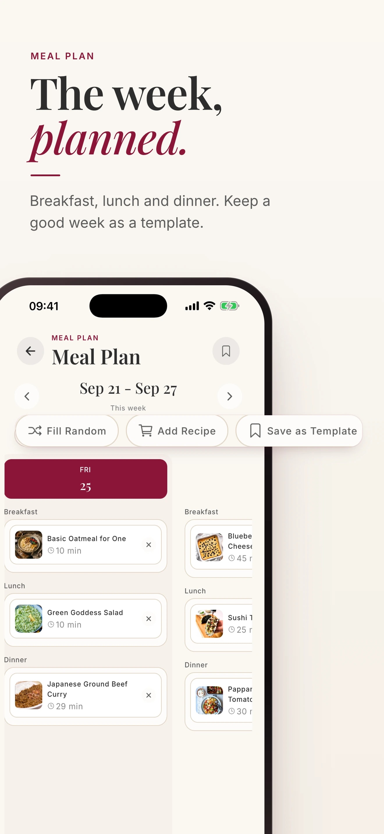 Foodie: The week, planned. A meal plan with breakfast, lunch and dinner.