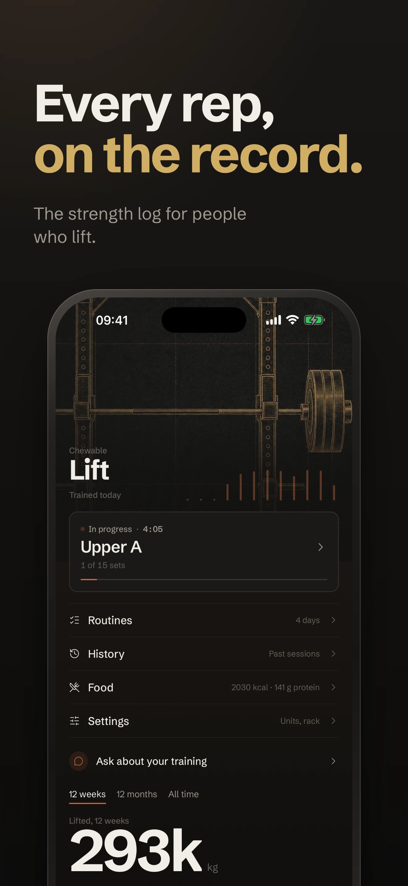 Lift: Every rep, on the record. The strength log for people who lift, with today's Upper A session.