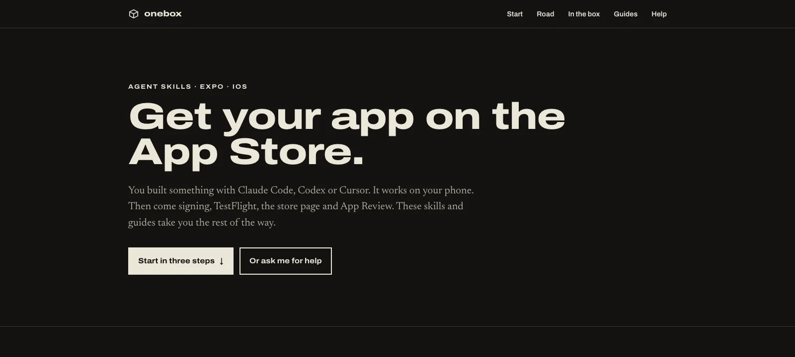 The onebox site: Get your app on the App Store. Agent skills and guides for Expo and iOS.