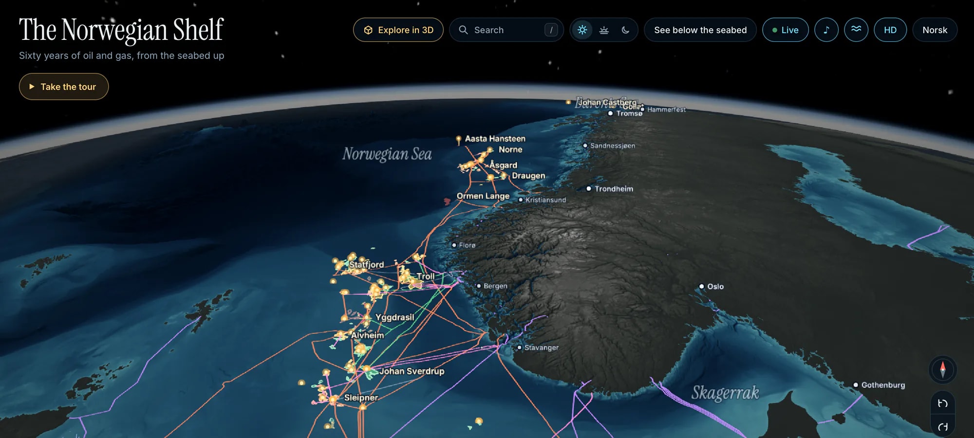The Norwegian Shelf: a tilted 3D view of Norway and the North Sea, with oil and gas fields such as Statfjord, Troll and Johan Sverdrup, pipelines and power cables drawn over the seabed.